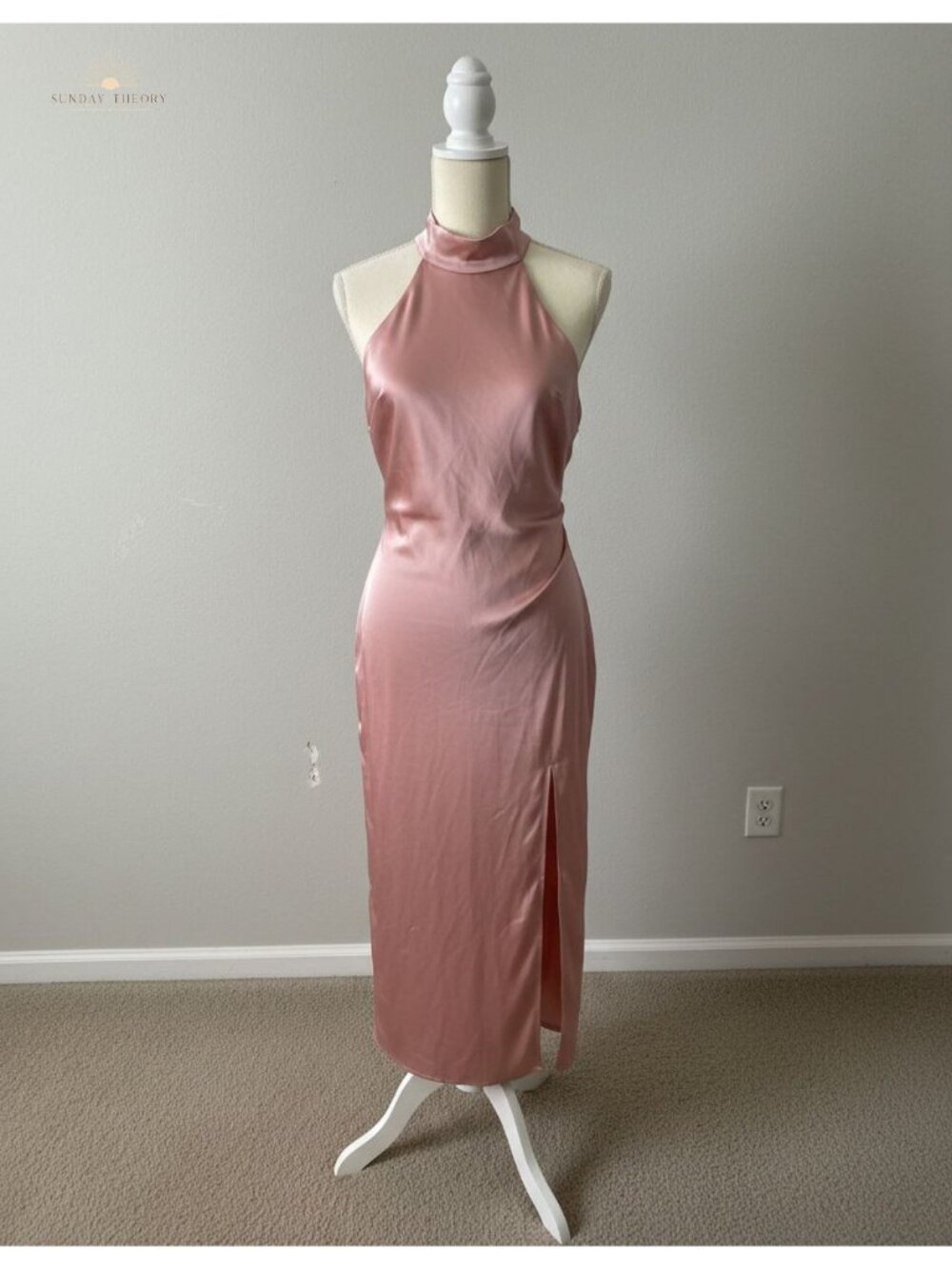 Satin Halter Backless Midi Dress with High Slit for Formal Occasions,